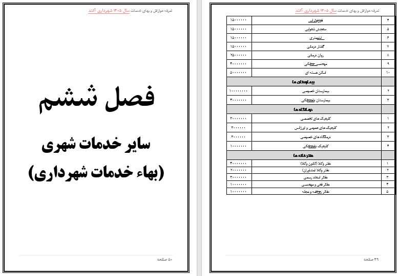 تعرفه عوارض و بهاء خدمات عمومی سال 1405 شهر آکند جهت اطلاع و آگاهی عمومی