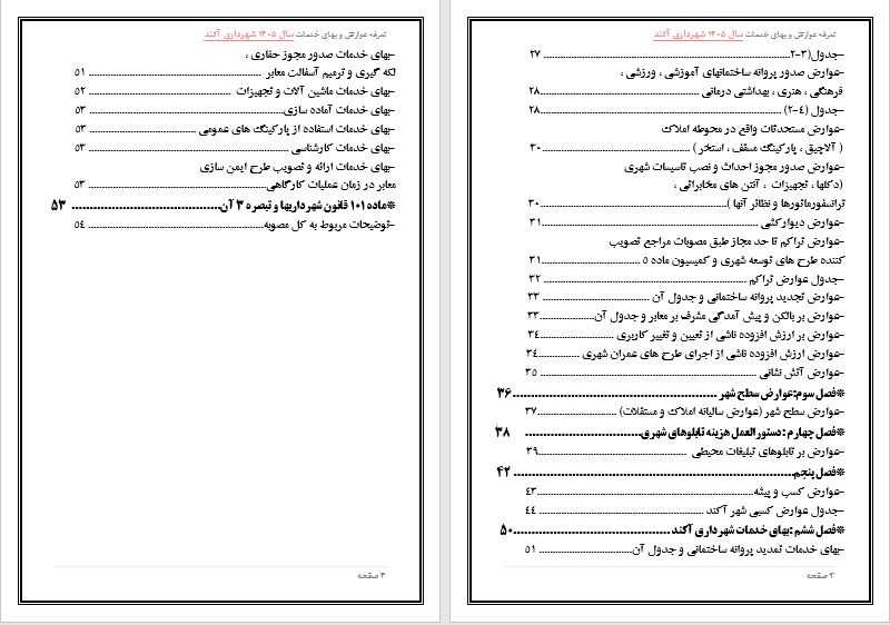 تعرفه عوارض و بهاء خدمات عمومی سال 1405 شهر آکند جهت اطلاع و آگاهی عمومی
